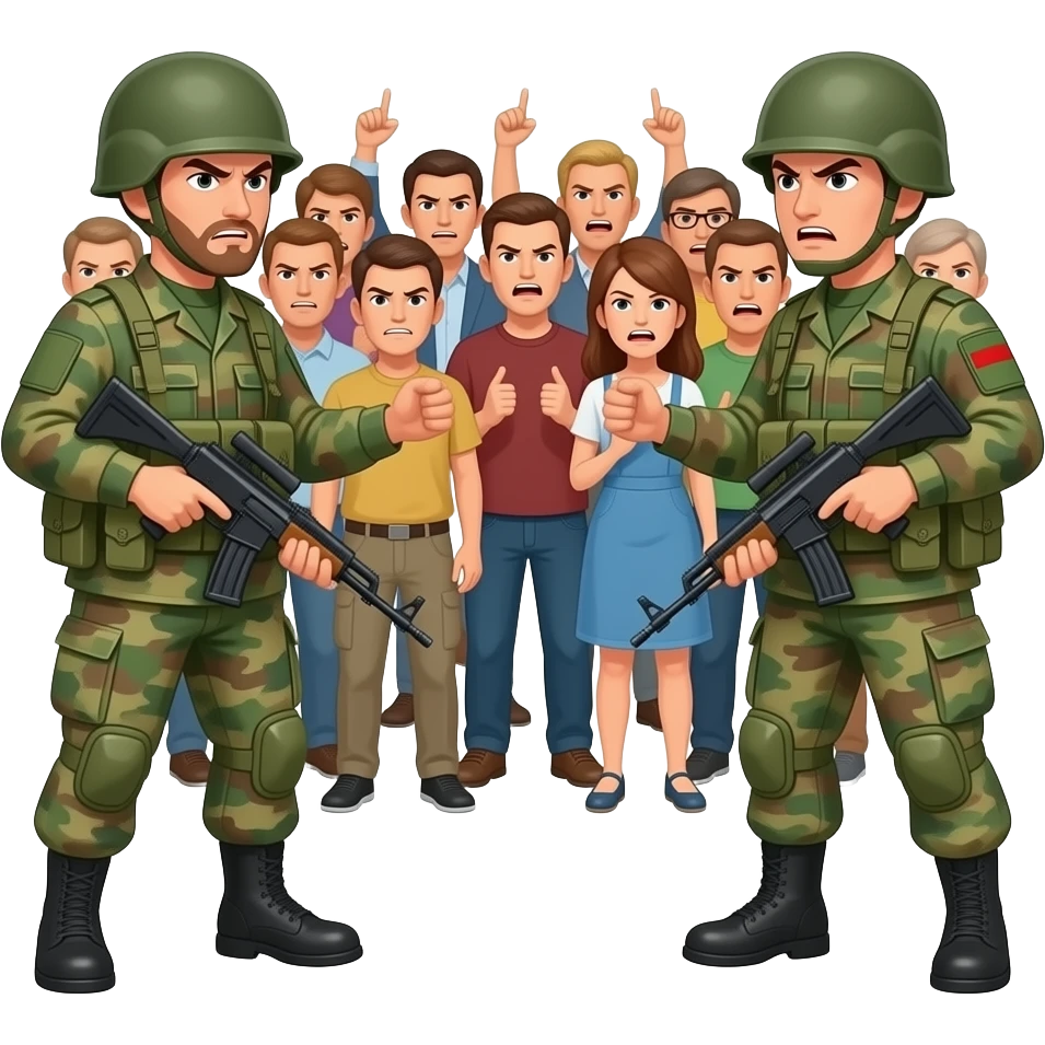 oposicion de poblacion de personas normales y militares con cara de enfadados emoji