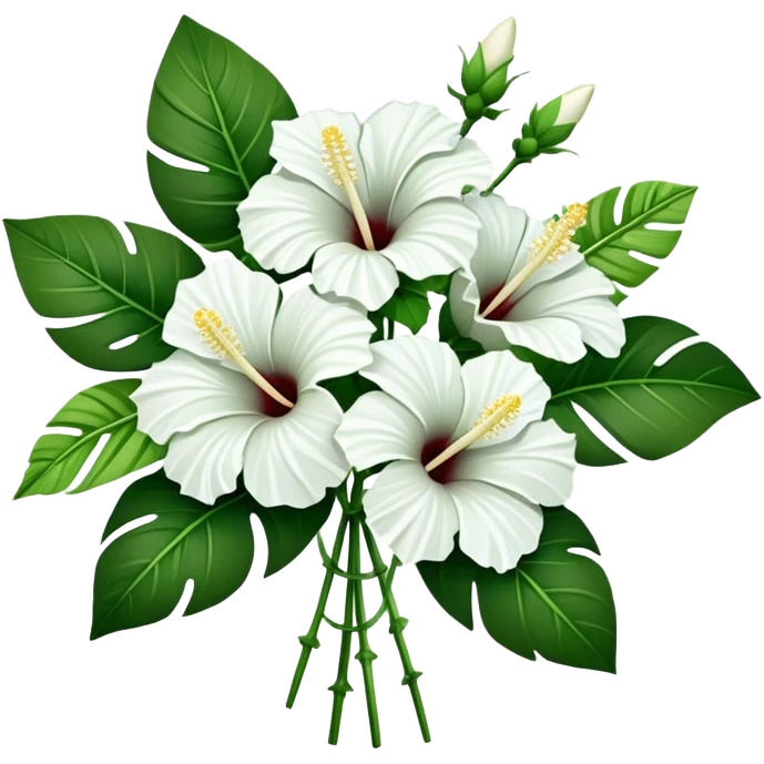 bouquet white Hawaiian hibiscus, luxuriant, stem, leaf, bud emoji