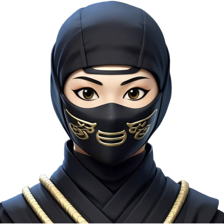 Clash of Clans aesthetic: Beautiful and Majestic Ninja Portrait Emoji, Rendered in serene poise with a gentle, confident smile and a refined masked visage, showcasing a sleek, artfully poised figure exuding calm and determined elegance in natural skin tone, Simplified yet exquisitely endearing features, highly detailed, glowing with a soft, drowsy nocturnal light, high shine, relaxed and utterly noble, stylized with an air of timeless stealth, soft glowing outline, capturing the essence of a majestic ninja whose graceful presence inspires epic covert adventures! emoji