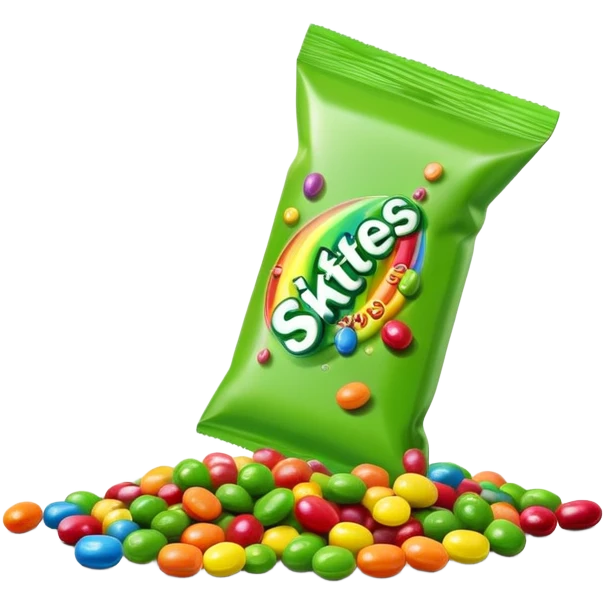 A colorful Skittles candy pack with green candies spilling out. Minimalist design with bright rainbow colors on the package and only green Skittles candies. emoji
