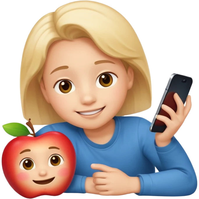 happy little kid with a phone, lying on their stomach, apple style emoji emoji