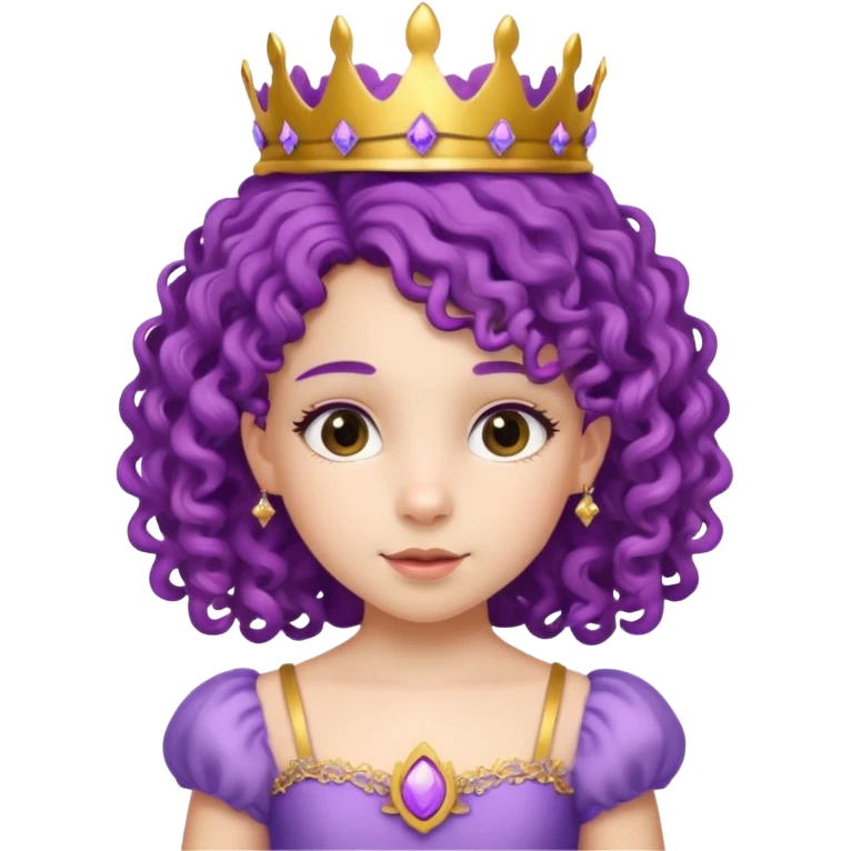 Princesses kid girl, with Gold Crown and flower on purple curly hair, with white dress emoji