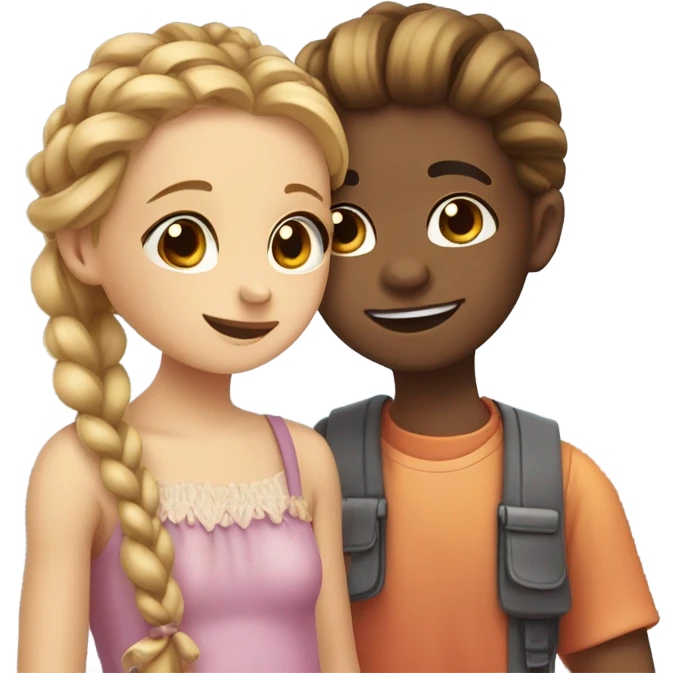 A blushing boy giving a girl in braids a candy emoji