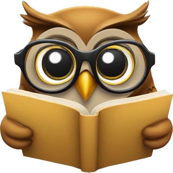 A wise owl reading a book with reading glasses emoji