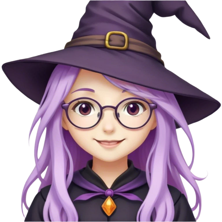 cute anime girl with long lilac hair in witch hat and glasses smiling emoji