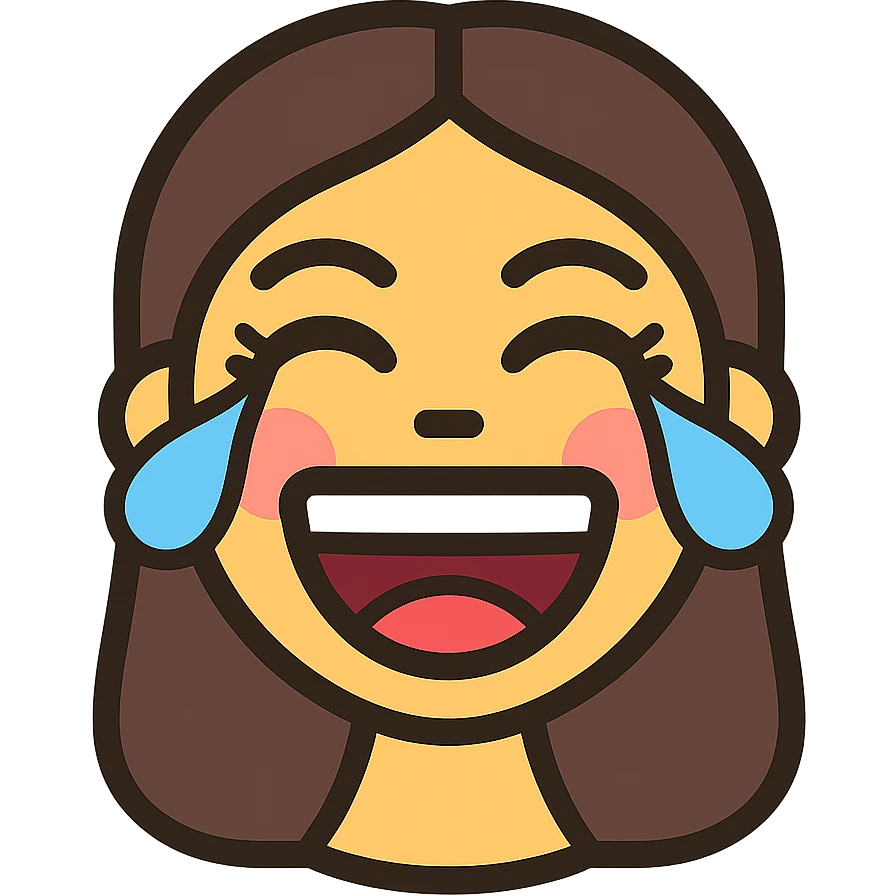 vibrant vector emoji of a female face laughing, eyes closed with tears of joy, mouth wide open showing teeth and tongue, rosy cheeks, long eyelashes, makeup details, bright and playful, smooth lines, energetic expression emoji