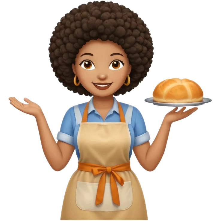 Mujer curvy afro, con vestimenta cómoda y delantal, con sonrisa contagiosa y dando la bienvenida  emoji