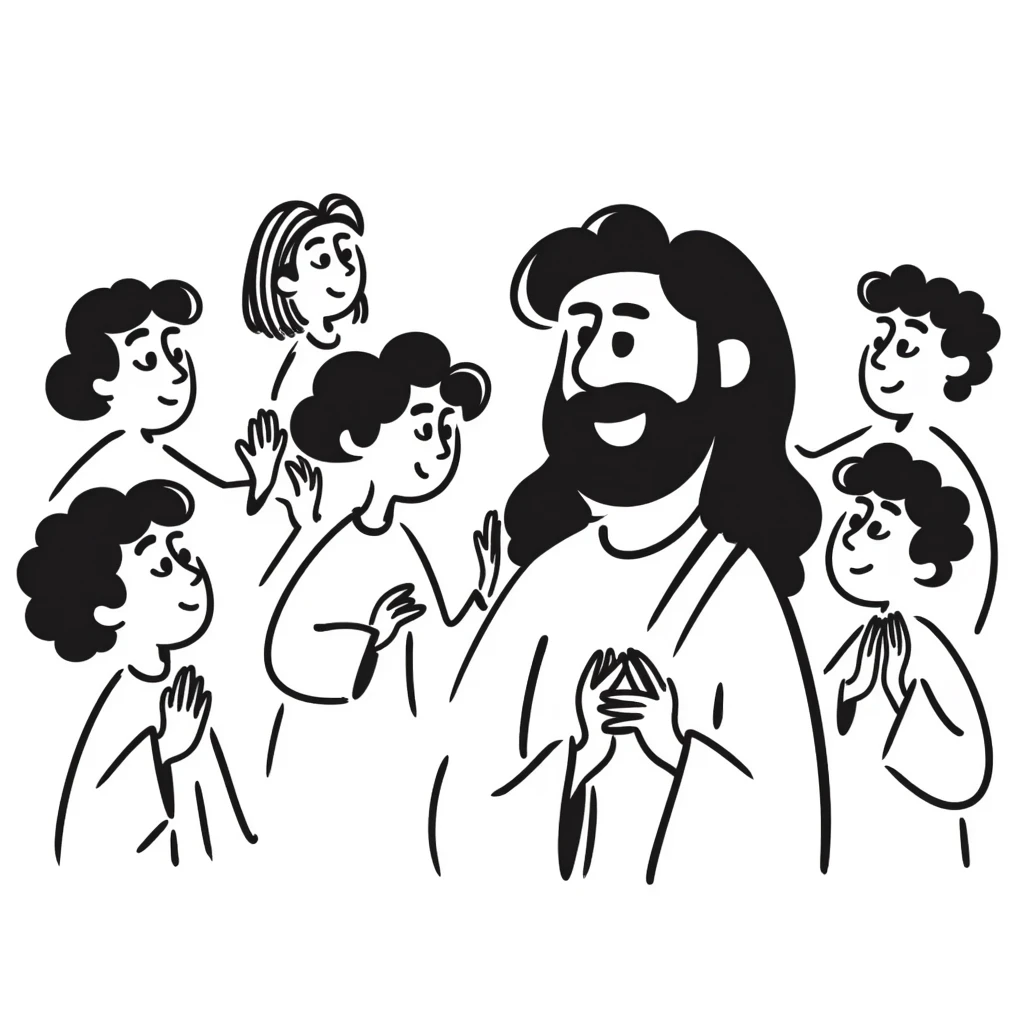 Jesus surrounded by his disciples and followers, peaceful gathering emoji