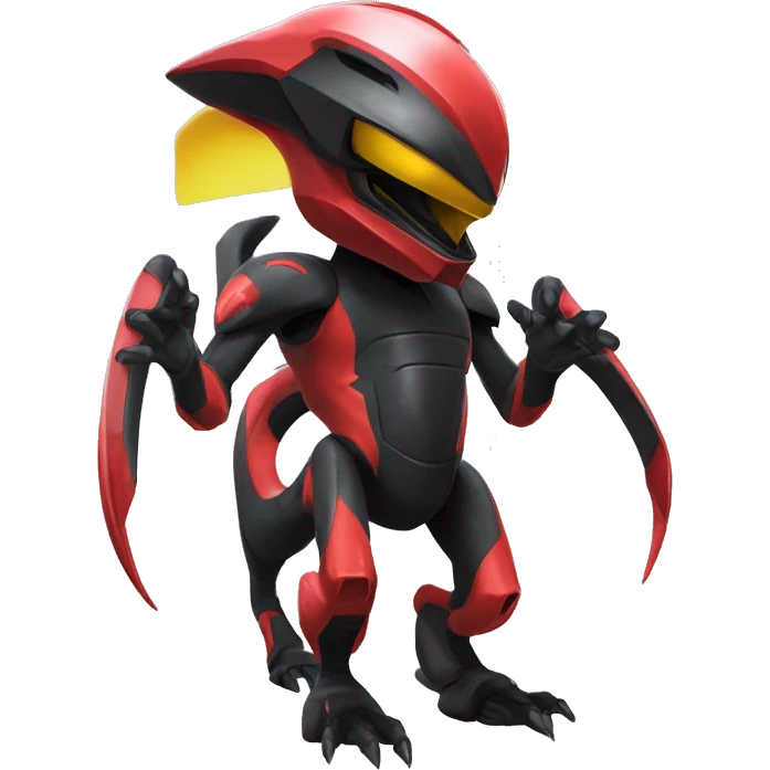 a shiny black-red-yellow Genesect-Raptor-Fakémon—hybrid with a futuristic visor-helmet full body emoji