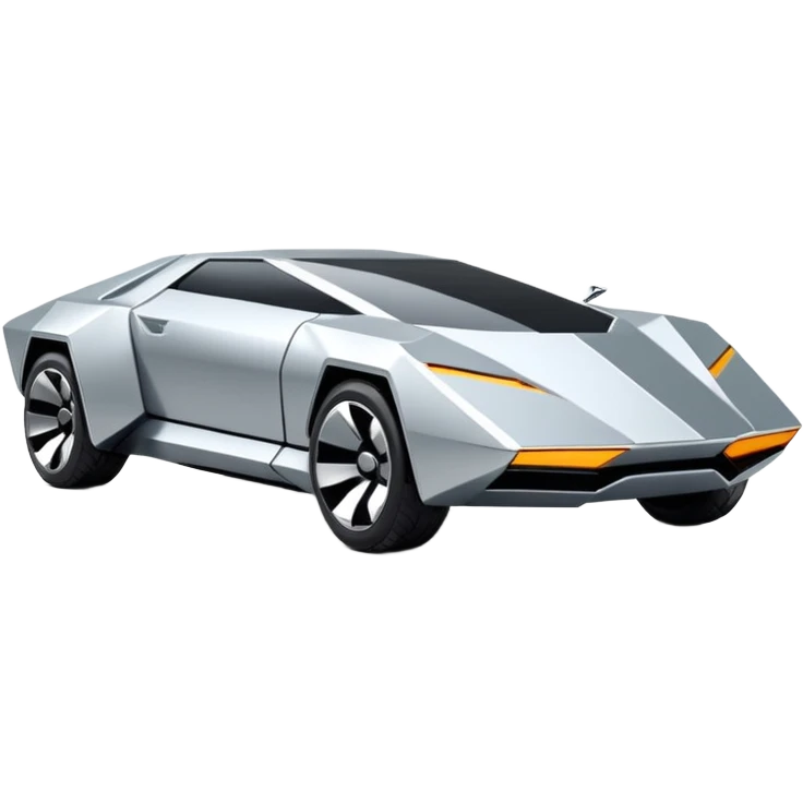 A futuristic chrome car emoji, sharp geometric body design inspired by cybertruck aesthetics, smooth silver metallic surface, matte and glossy chrome mix, minimal details, soft reflections, clean edges, iOS emoji style, centered, clean white background, soft studio lighting, no text emoji