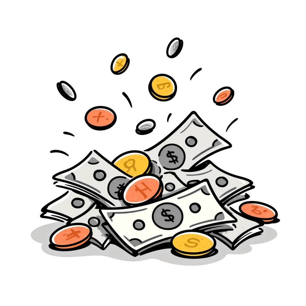 Money, cash, bills and coins in pastel colors (dd9fb0, ffc6d3, a3bfc9, c4bee2, f1b091), hand-drawn doodle style emoji