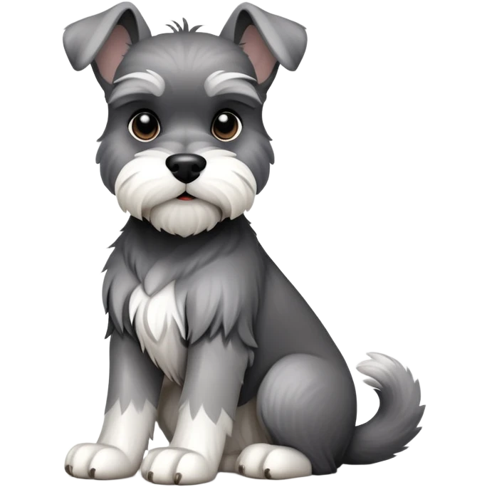 cinematic-[schnauzer]-realistic-full-body-sitting-emoji,-tail-resting-loosely-beside-its-paws,-head-tilted-dramatically, -sleek-[grey and white]-fur,-simplified-yet-realistic-focused-features,-highly-detailed,-glowing-with-an-almost-sarcastic-glow emoji