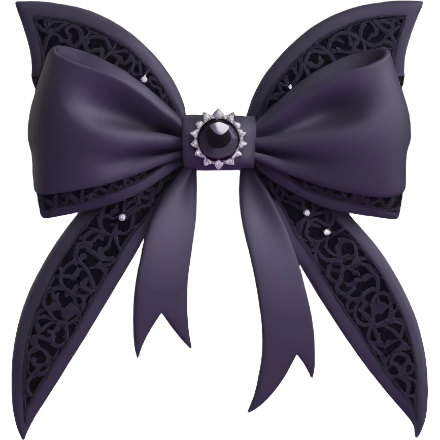 3D emoji gothic bow, white silk, silver crescent moon, black lace overlay, black feather accents, single black teardrop gem emoji