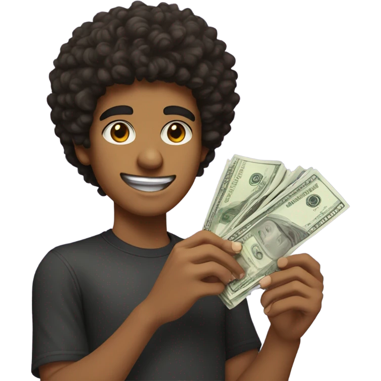 brown skin teenager with a black curly afro and a stubble thin mustache holding alot of money in both hands  emoji