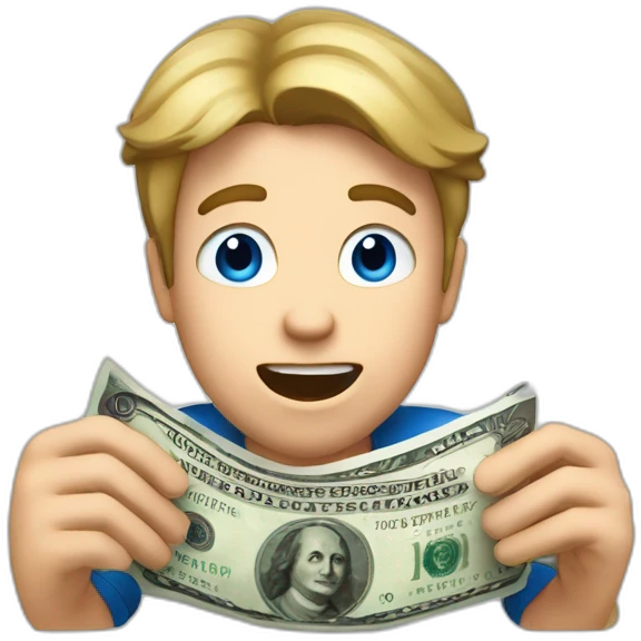 White guy with dark blond hair and blue eyes holding a euro bill with both hands acting surprised emoji
