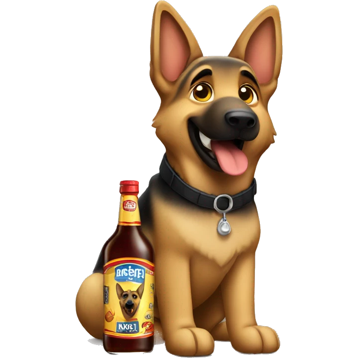 German shepherd holding a bottle of malort liquor emoji
