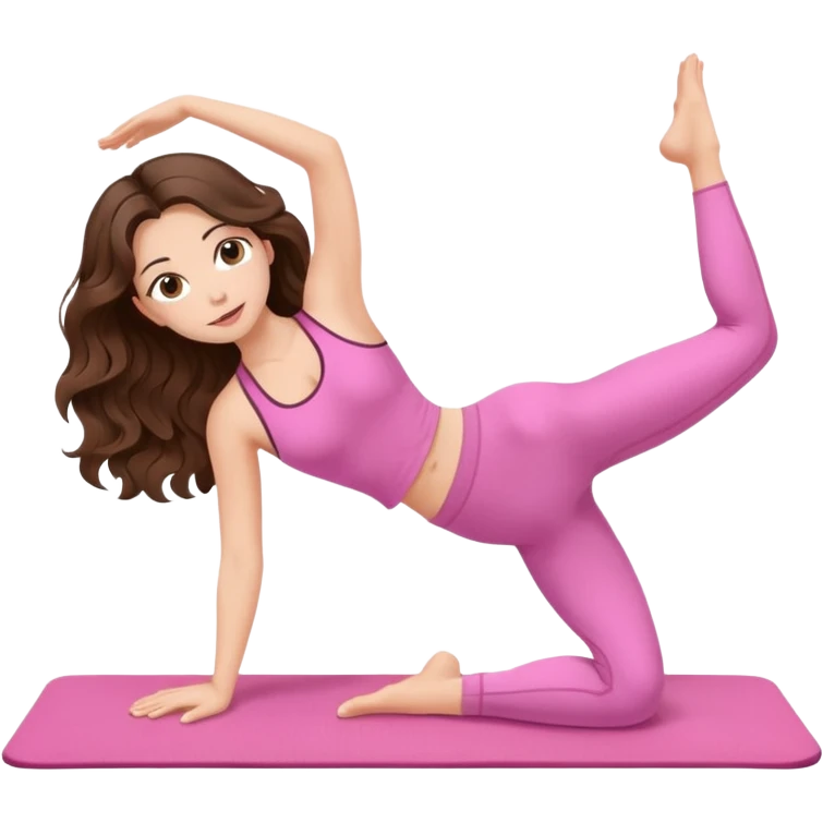 White, brown -eyed, brunette cute feminine lady emoji with wavy long hair doing pilates wearing pink pilates fit emoji