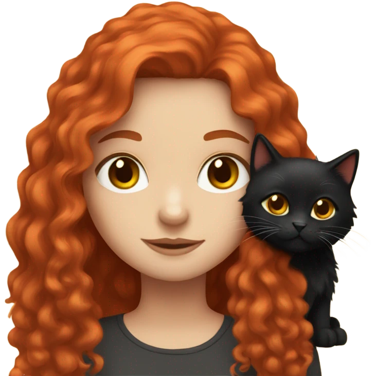red haired girl with long hair and black fluffy cat emoji