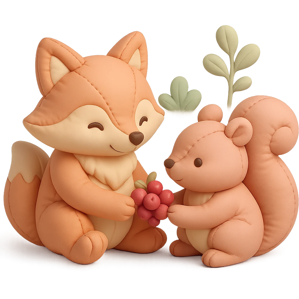 fox and squirrel sharing berries, forest friendship scene, soft pastel colors, cushion style emoji