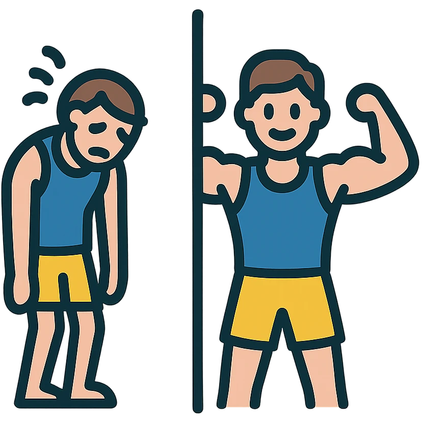 in the picture is devided in to two parts, at the first the sportsman is weak and lazy, but at the second picture the same sportsman is very strong because he doing a workout regularly emoji
