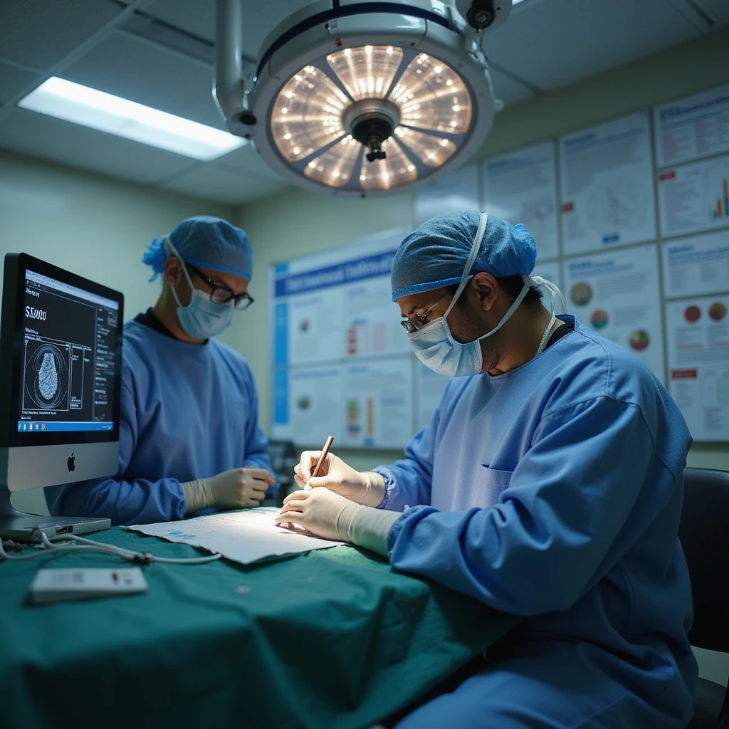 realistic or semi-realistic style, surgeon performing coronary stent procedure, hospital computer screen with $30,000 bill visible, wall covered with NIH research showing medical therapy effectiveness, critical tone emoji