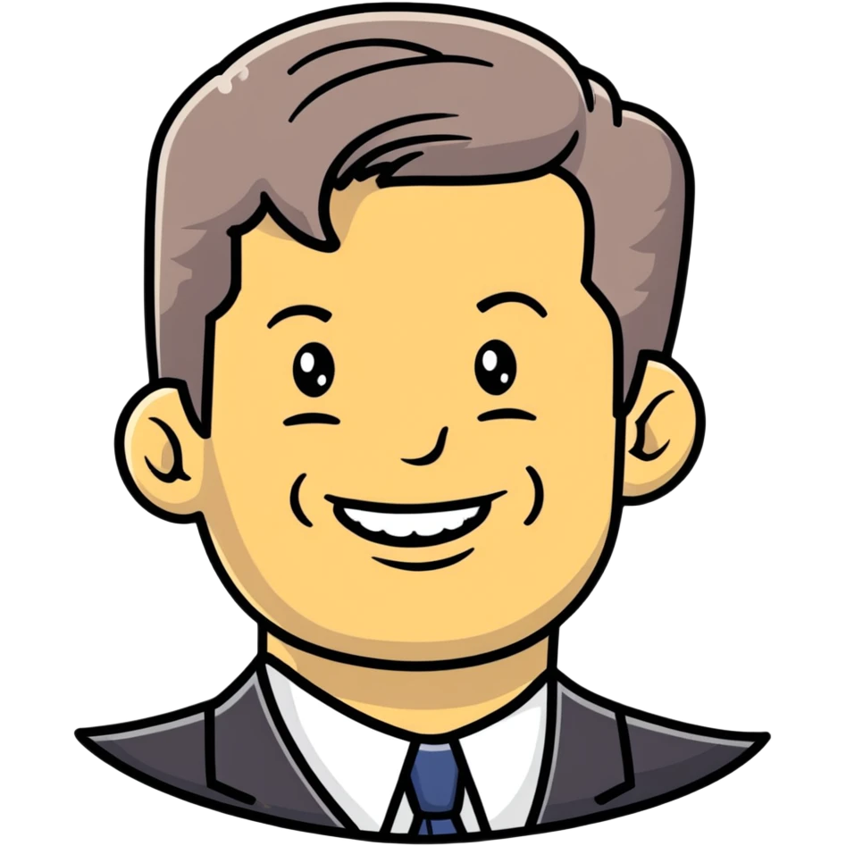 John F. Kennedy portrait with his classic hairstyle and smile emoji