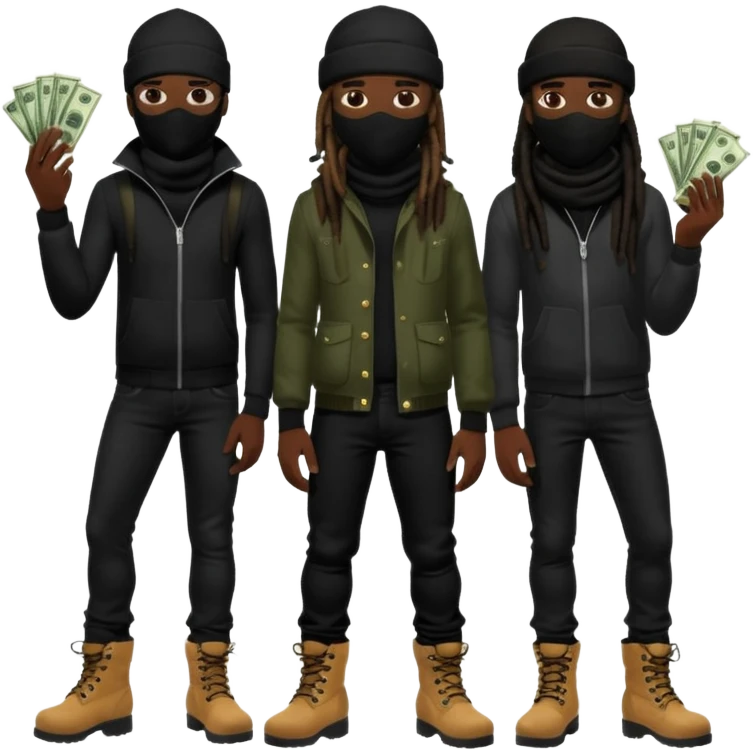 Group of African American men with dreadlocks wearing black ski masks covering their face wearing black skinny jeans and black timberland boots holding money and drugs emoji