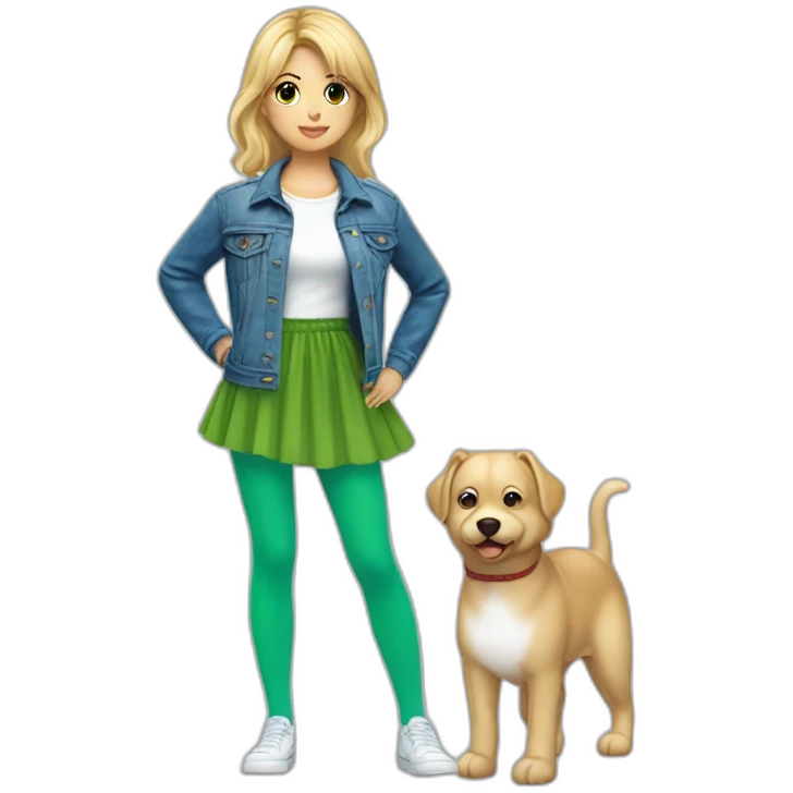 Blonde girl with bang and tail, in blue denim jacket, white T-shirt, green tights and elongated blue chiffon skirt emoji