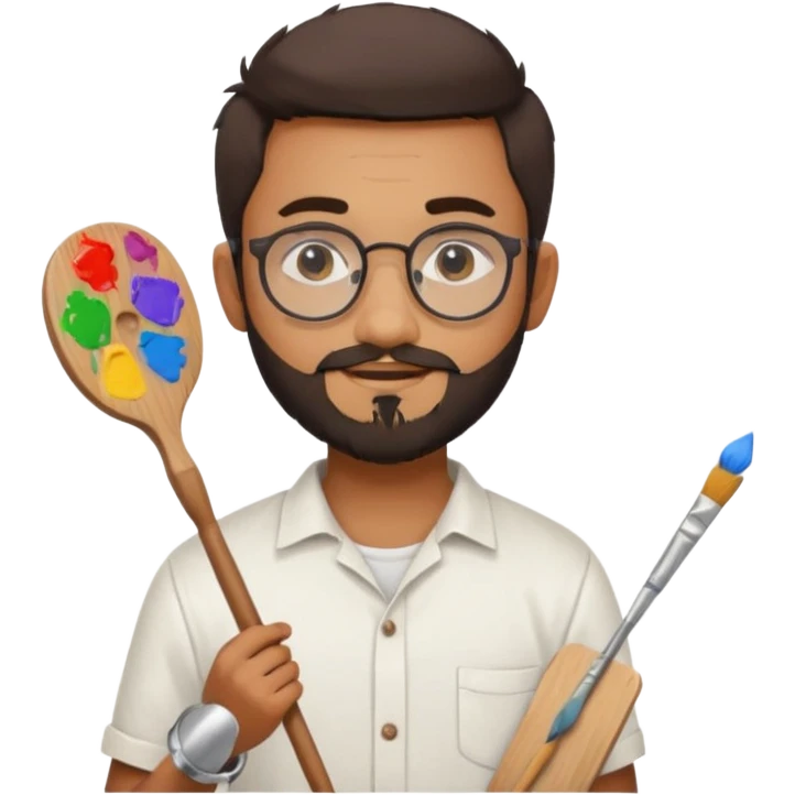 generate an ios genmoji of a 20 year old tan indian boy with rounded spectacles and a whaler beard, carrying a paintbrush and palette emoji