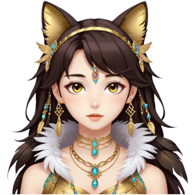 Beautiful gorgeous anime lady with beautiful dark-brown-special-hair, fashion aesthetic, ethereal, feather, accessories, gold jewelries, gold, colorful, feline ears emoji