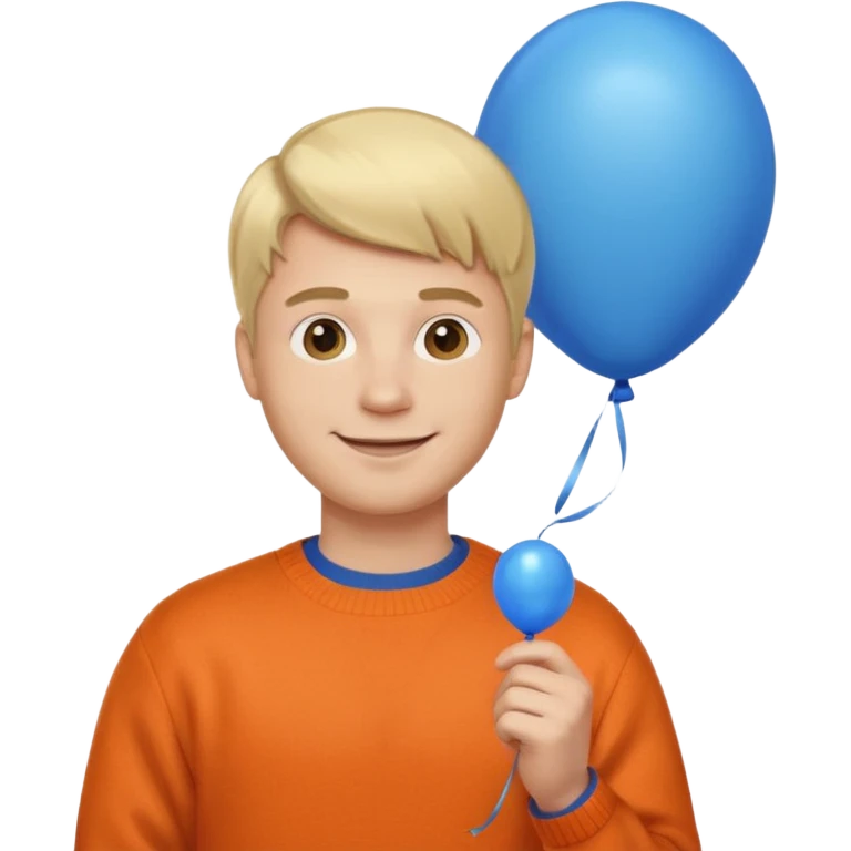 white skin, blonde hair man, orange sweater, hold blue balloon emoji