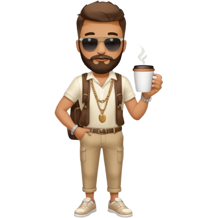 stylish bearded male traveler with coffee cup on hand, cool sun glasses with chain strap, white shoes, emoji