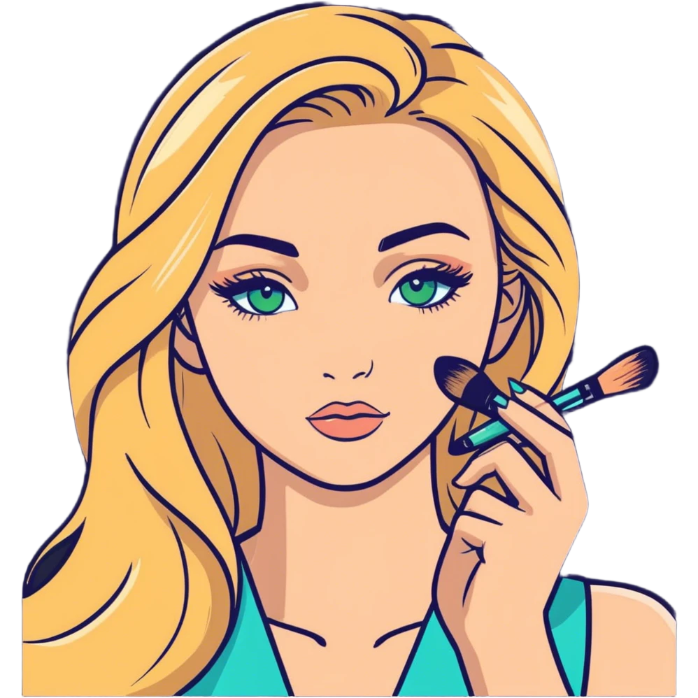 Blonde long hair gurl doing makeup, blue green eyes emoji