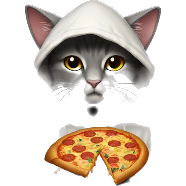 A hooded cat is holding btc in his hand , sweeter and Night-themes, Behind it is written pizza and JR crypto emoji