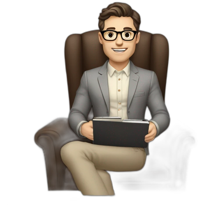 Pale skinned Fit Man With dark brown hair in gray jacket, beige office shirt, Brown pants and vintage glasses sitting In a soft chair with a notebook with emblem Ψ and a pen in his hands emoji