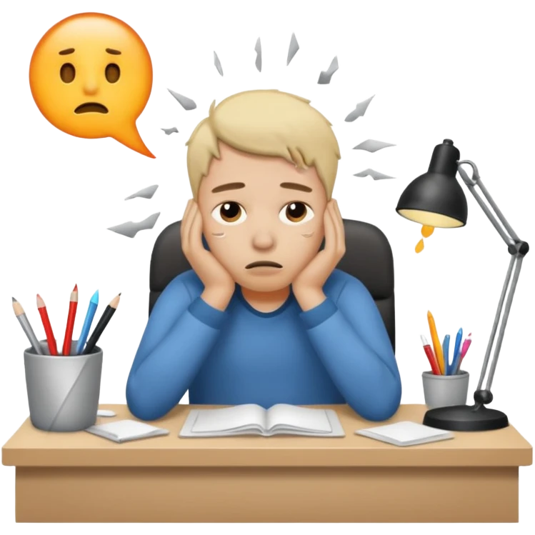 weary person sitting at desk with messy workspace, exhaustion and burnout, iOS emoji style emoji