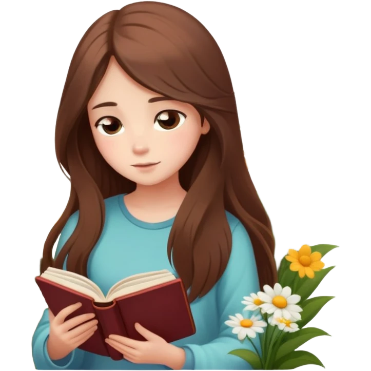 Girl with long brown hair reading a poetic book, surrounded by flowers and soft light bloomcore  emoji