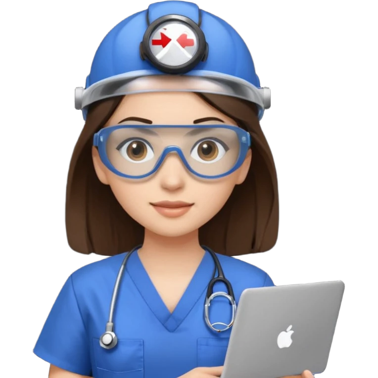 i need a brunette young woman in blue scrubs with brown eyes fair skin with safety goggles on and a laptop for research  healthcare research no safety helmet emoji