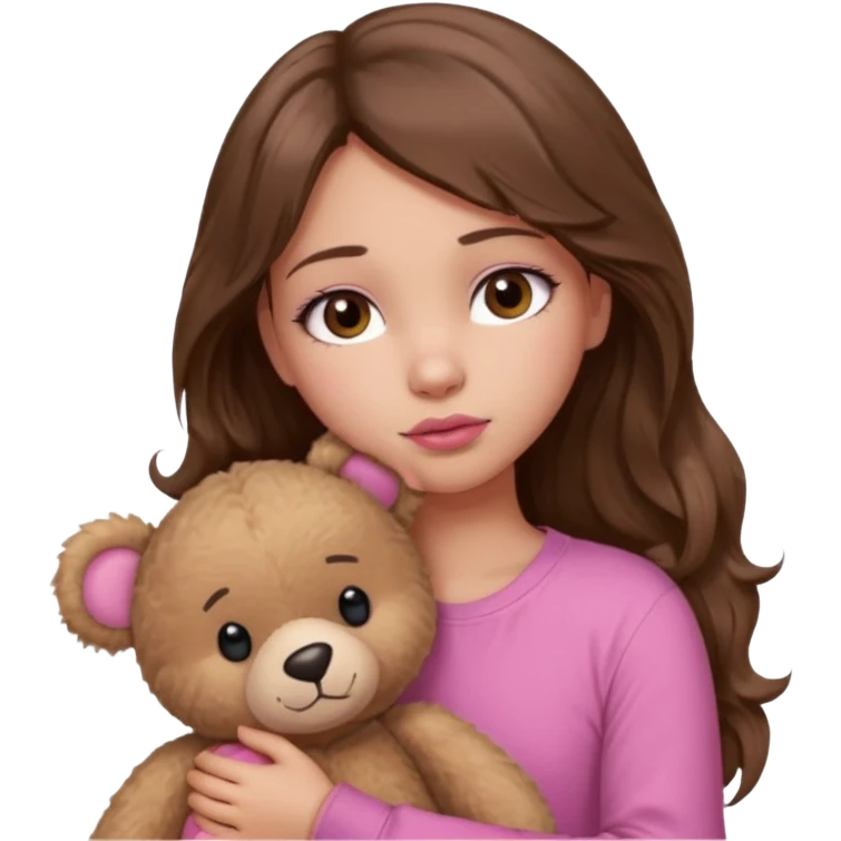 girl with long wavy brown hair, brown eyes, light to medium complexion, in a pink shirt, pink lips, long lashes, sad, hugging a teddy bear with a  heart emoji