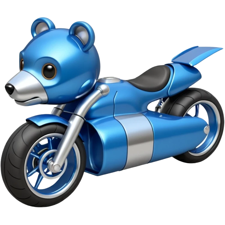 Metallic blue and lightly chrome-accented  kid-sized race car for furry scary robot teddy bear with custom aero body and rear wing and motorcycle-sized wheels  emoji