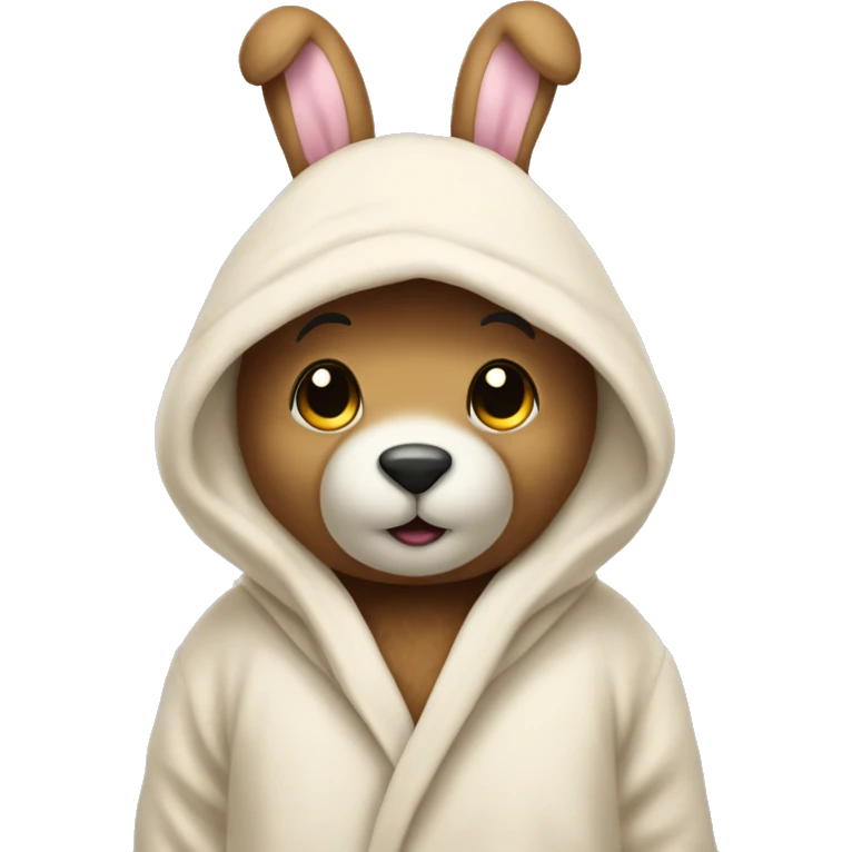 teddy bear that’s wearing a cream bunny dressing gown with the hood up and on the hood there is bunny ears emoji