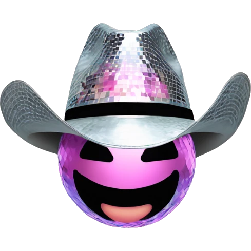 Disco ball with a light pink cowboy hat on top emoji