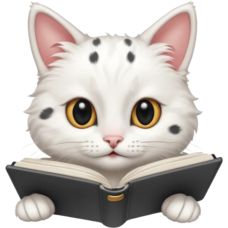  gatita blanca con manchas negras en los ojos feliz en viendo una libreta anillada  emoji