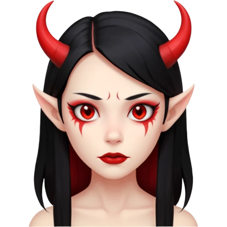 Head only demon girl: ENTIRE skin flat solid red, long straight sleek black hair, sharp cheekbones/jaw, small horns; centered, no body, no text. emoji