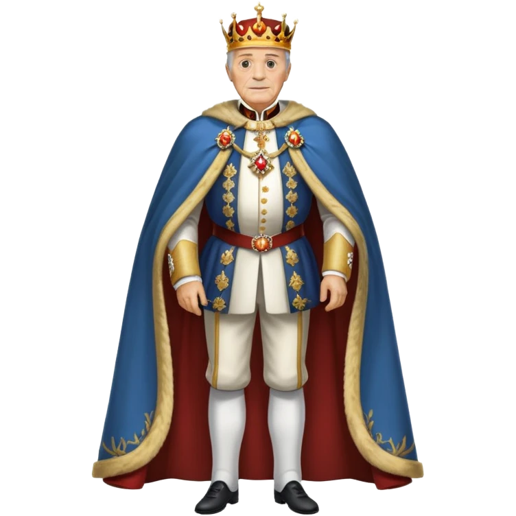 Full body of elderly, thin Carlos I of Spain with brown hair, Habsburg king standing in royal attire with crown, cape, and prominent jaw emoji