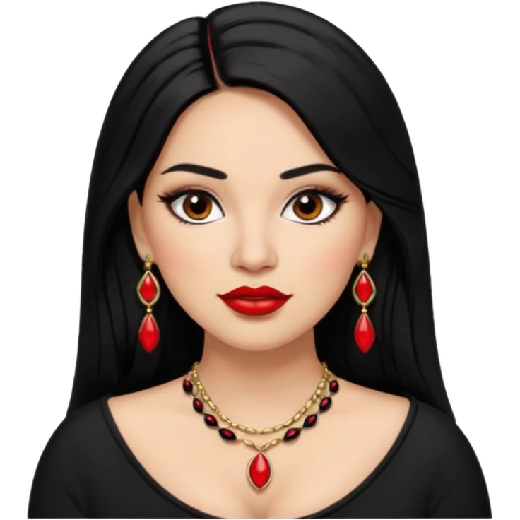 Mexican Light skin big brown eyes glamorous full figured women black medium straight hair red lips necklace and earrings long lashes emoji