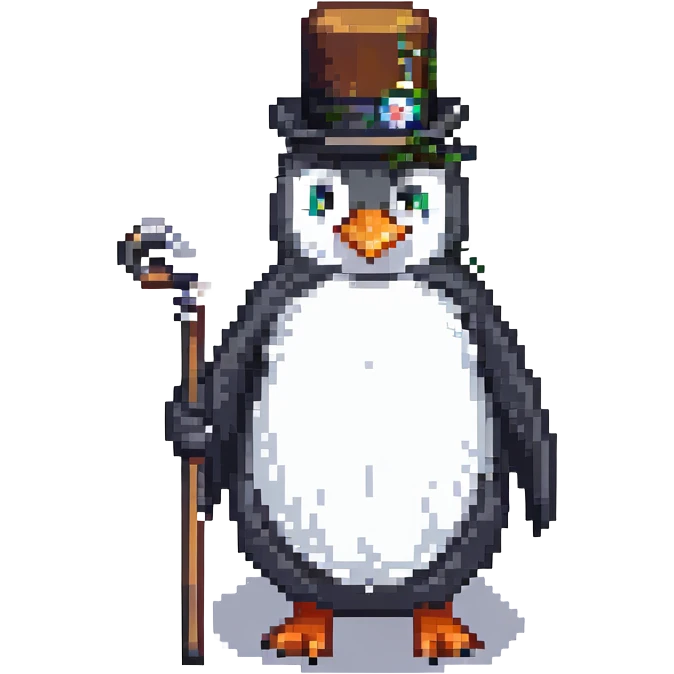 penguin with monocle and cane, pixel art style emoji