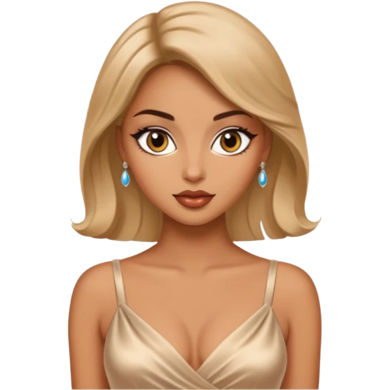 A woman wearing a glamour dress looks sexy and looks like a tart. Her eyes are charming  emoji