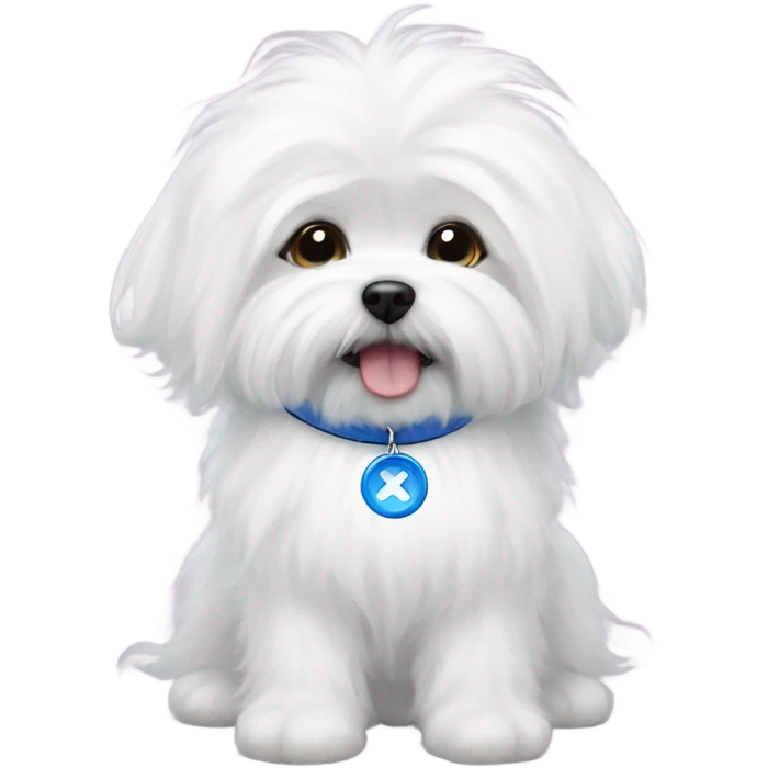 white fluffy maltese that’s super cute with the evil eye blue circle thing as his collar  emoji