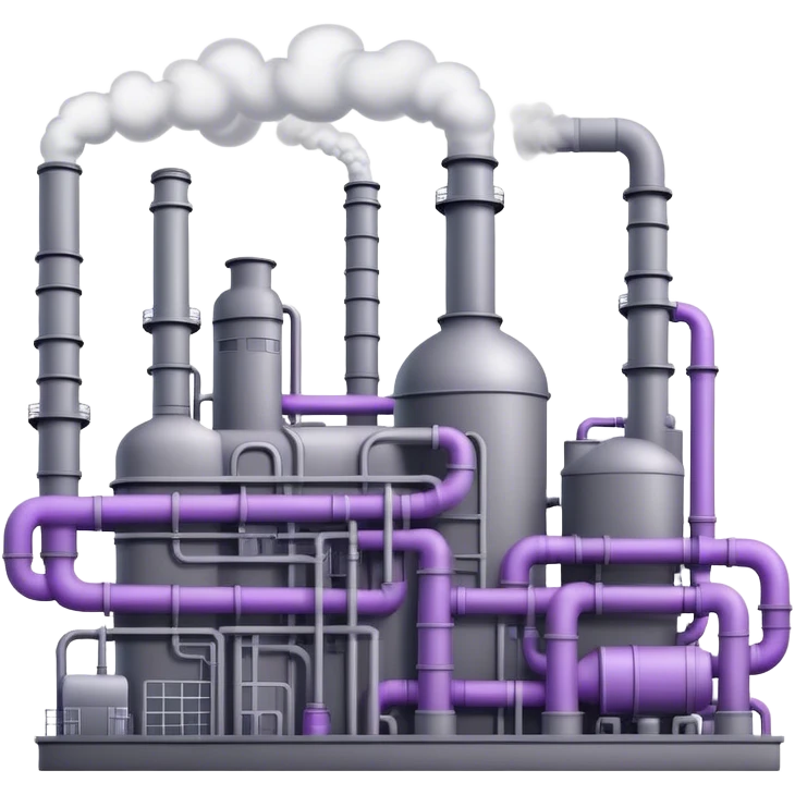 An emoji of an industrial factory in realistic gray tones, with pipes and smokestacks. Instead of smoke, soft neon violet energy or light particles flow out emoji